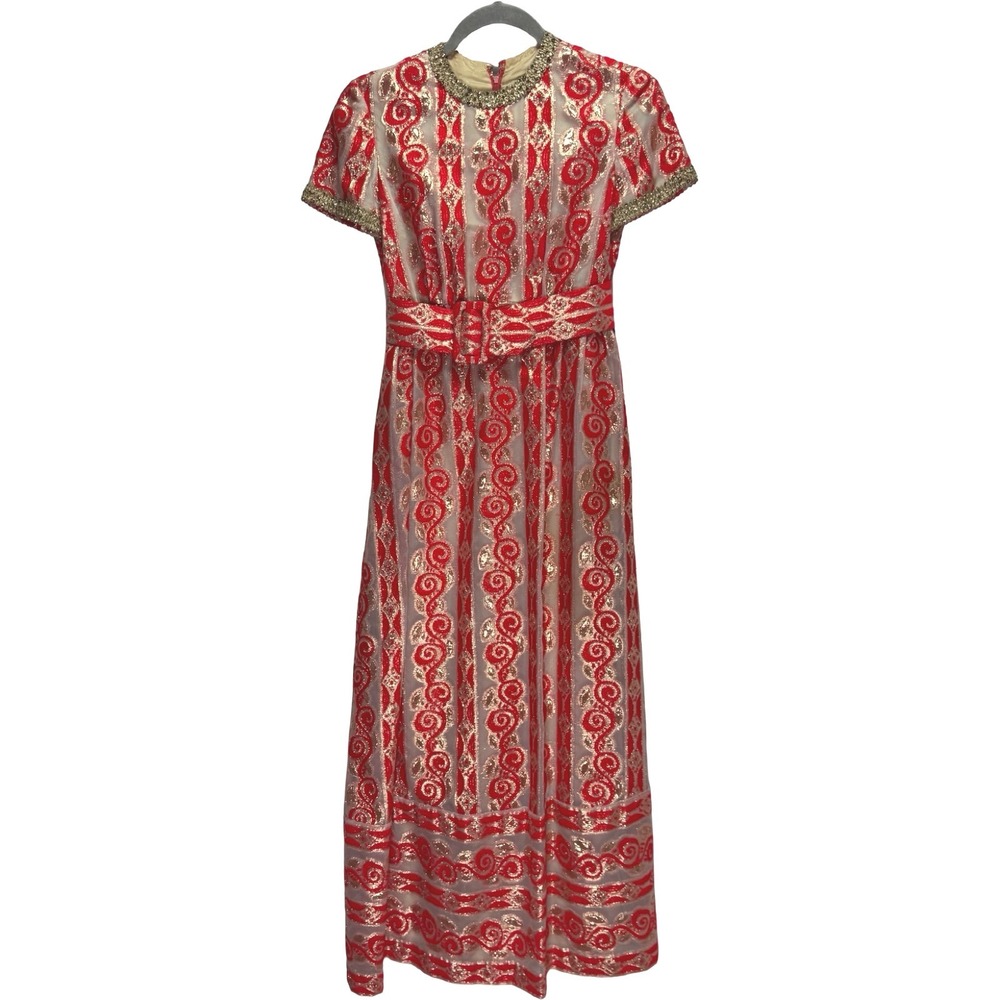 Vtg 60s Morton Myles Malcolm Charles Maxi Dress Sz 4 Red Gold Rhinestone Lurex